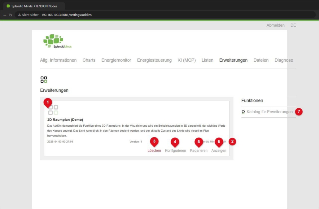 Register Erweiterungen mit einer installierten Erweiterung