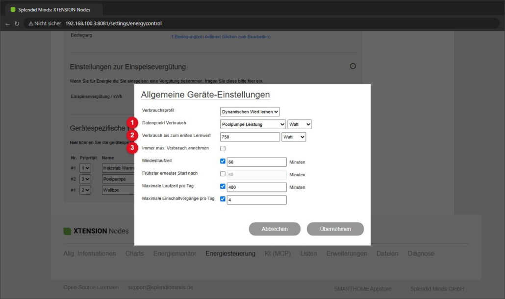 Allgemeine Geräte-Einstellungen mit gelerntem Verbrauch