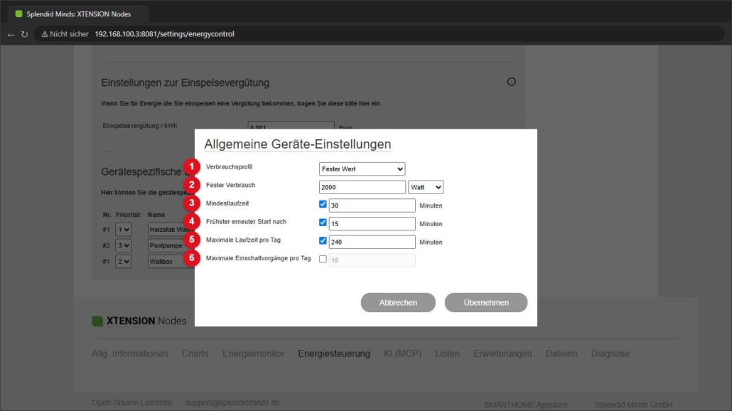 Allgemeine Geräte-Einstellungen mit festem Verbrauch