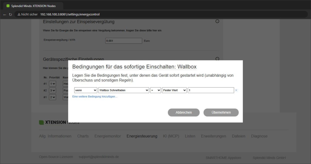 Bedingungen für das sofortige Einschalten einer Wallbox