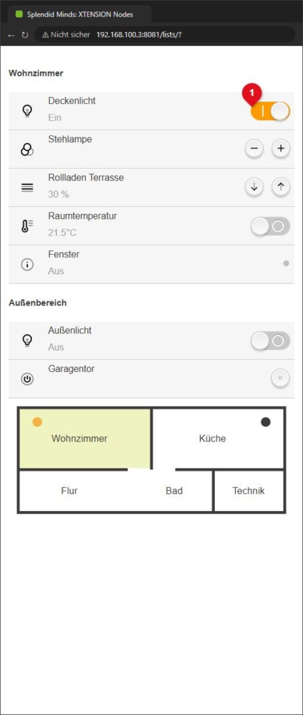 Listenansicht mit zwei Bereichen und einem Grundriss