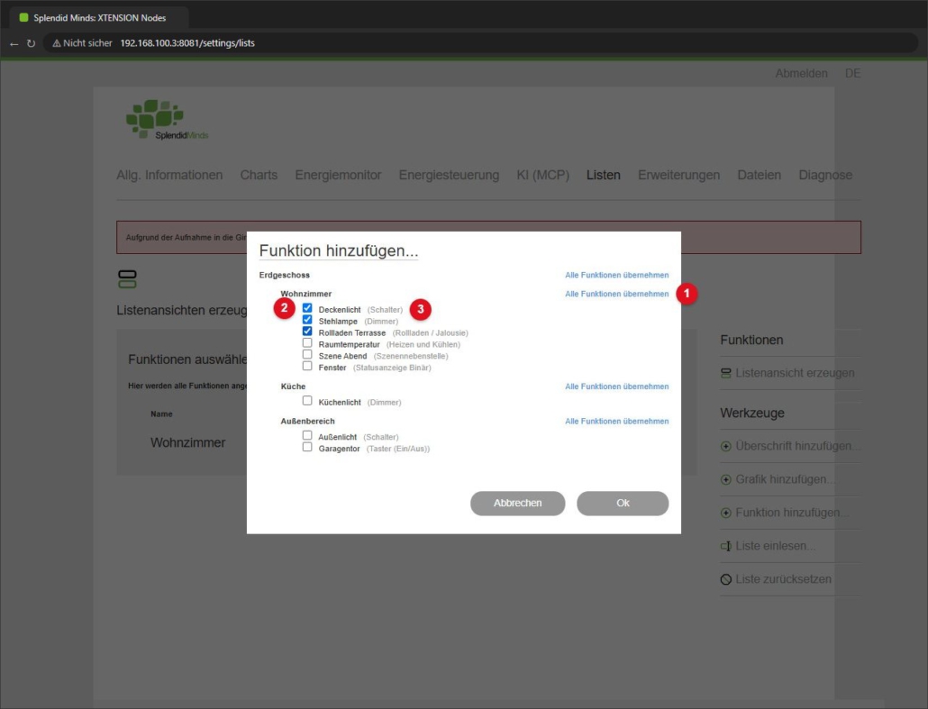 Dialog Funktion hinzufügen mit Räumen und Funktionen