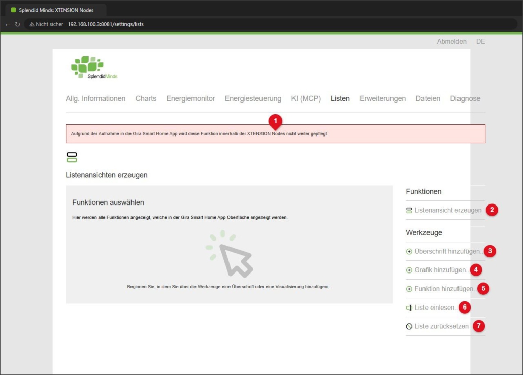 Register Listen mit Funktionen und Werkzeugen