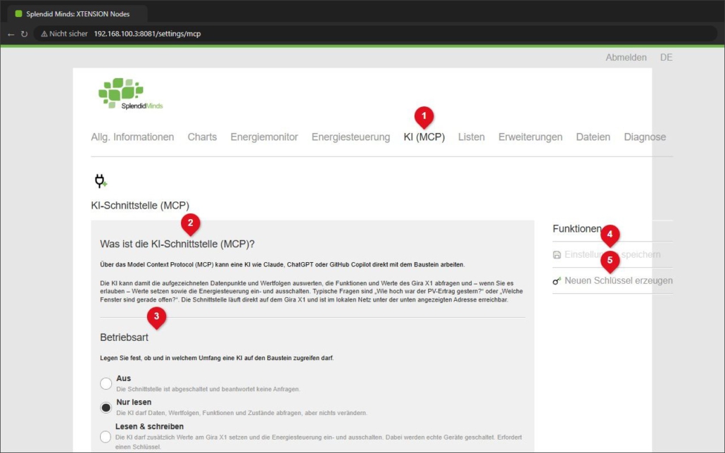 Register KI (MCP) in der Benutzeroberfläche der XTENSION Nodes