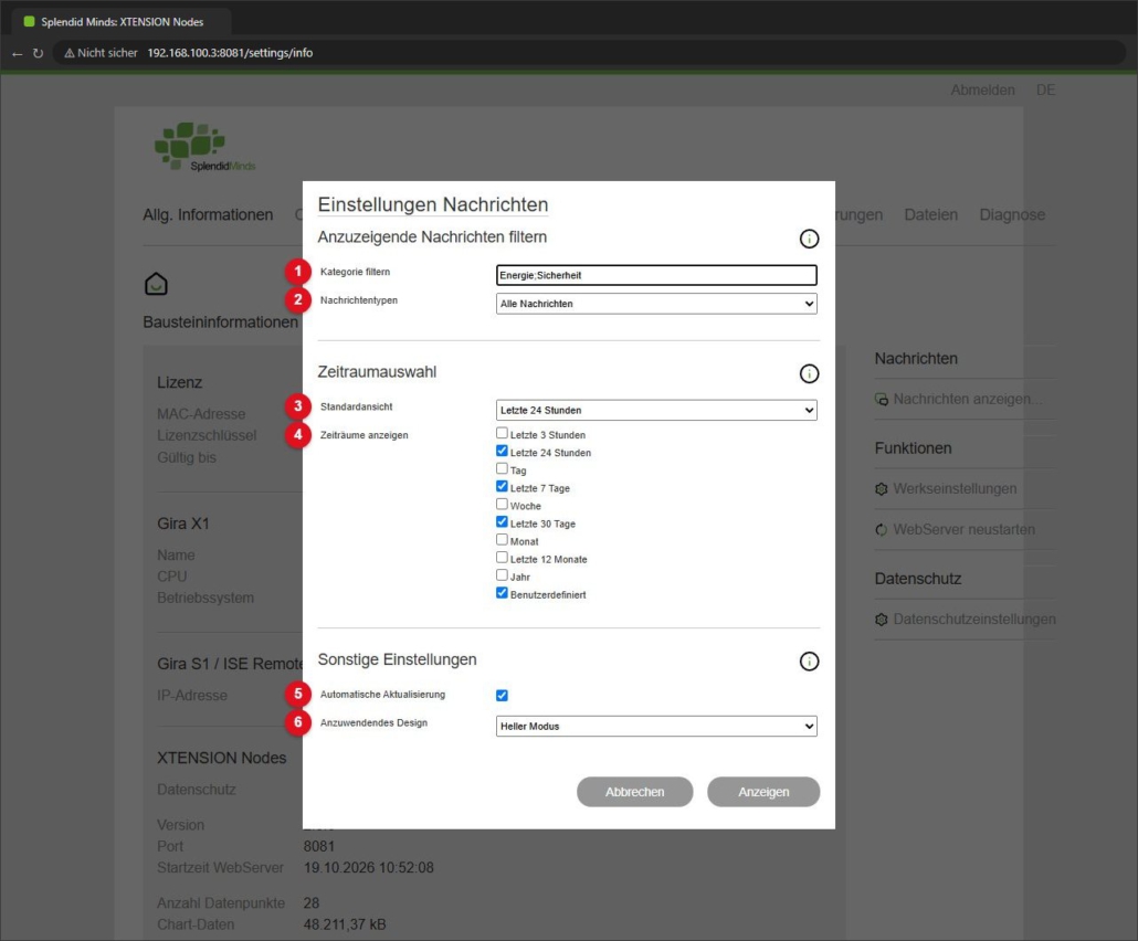 Dialog Einstellungen Nachrichten
