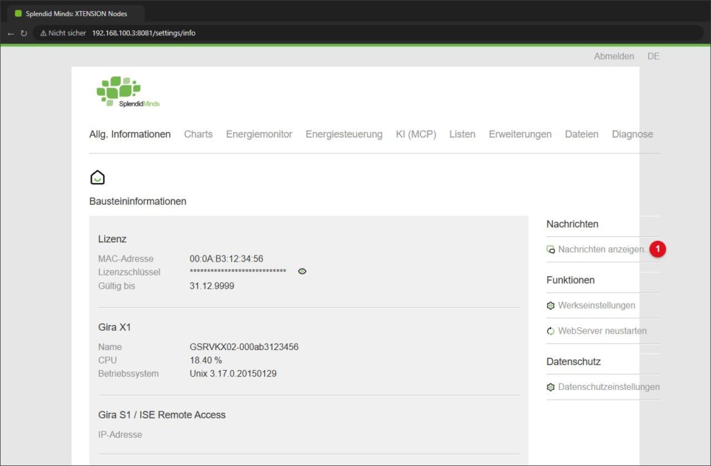 Funktion Nachrichten anzeigen im Register Allg. Informationen